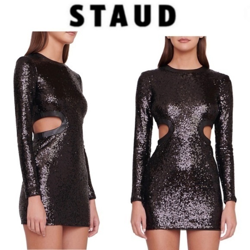 STAUD LONG SLEEVE MINI DOLCE DRESS BLACK SEQUINS XS L NWT 395$